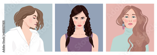 Set of portraits of women of different gender and age. Diversity. Vector flat illustration. Avatar for a social network. Vector flat illustration
