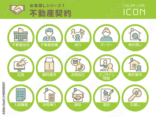 お家探しシリーズ1　不動産契約　カラーラインアイコンのセット