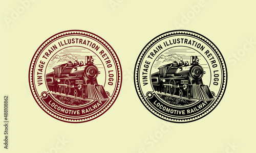 Locomotive railway vintage retro logo design. Vector illustration style. Emblems, labels and stamp set. Train, railroad silhouette.