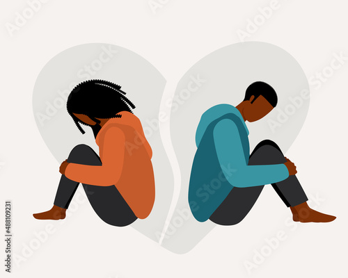 Sad Black Man And Woman Sitting Back To Back With Broken Heart Background.