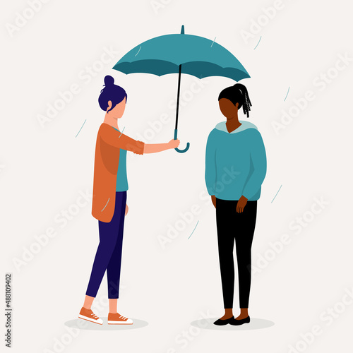 Woman Caring For Her Sad Friend Who Is Feeling Under The Weather. Friendships And Support. Girl Sharing Umbrella.