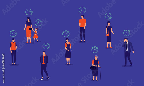Diverse Group Of People With Clock On Top. Human Life Span Concept.