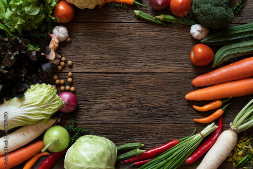 Fresh farmers market fruit and vegetable from above with copy space  healthy food concept