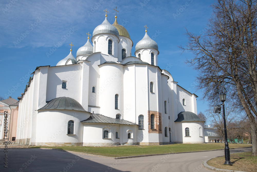 The ancient Sofia Cathedral is close-up on a sunny April day. Detinets of Veliky Novgorod. Russia The ancient Sofia Cathedral is close-up on a sunny April day. Detinets of Veliky Novgorod. Russia