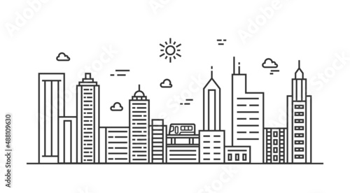 Cityscape. Modern flat line landscape vector. City landscape line art illustration with building  tower  skyscrapers. Vector illustration.