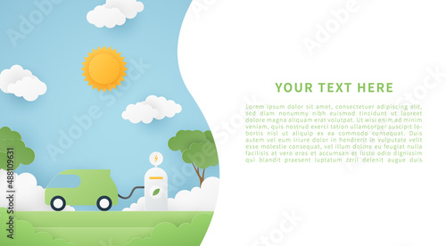 Eco friendly concept with eco car. Vector banner template design. Paper cut style. Vector illustration.