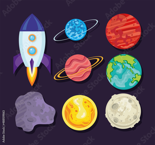 icons with rocket and planets