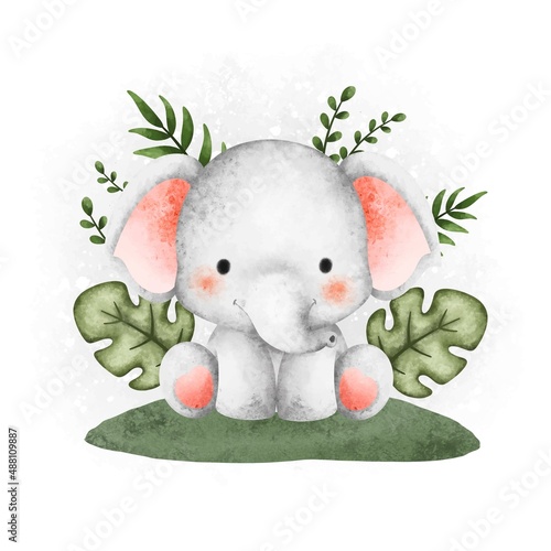 Canvas Print Watercolor animal cute safari elephant