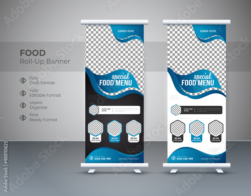 Creative Modern food rollup banner design for restaurant. Vertical, roll-up template, Cafe Business food roll-up banner. Vertical, roll-up template, Editable template 