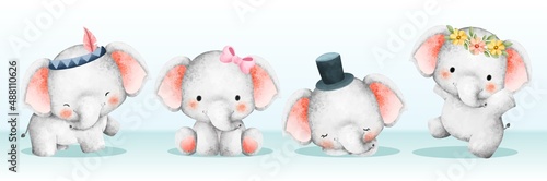 Watercolor set of cute safari elephant 