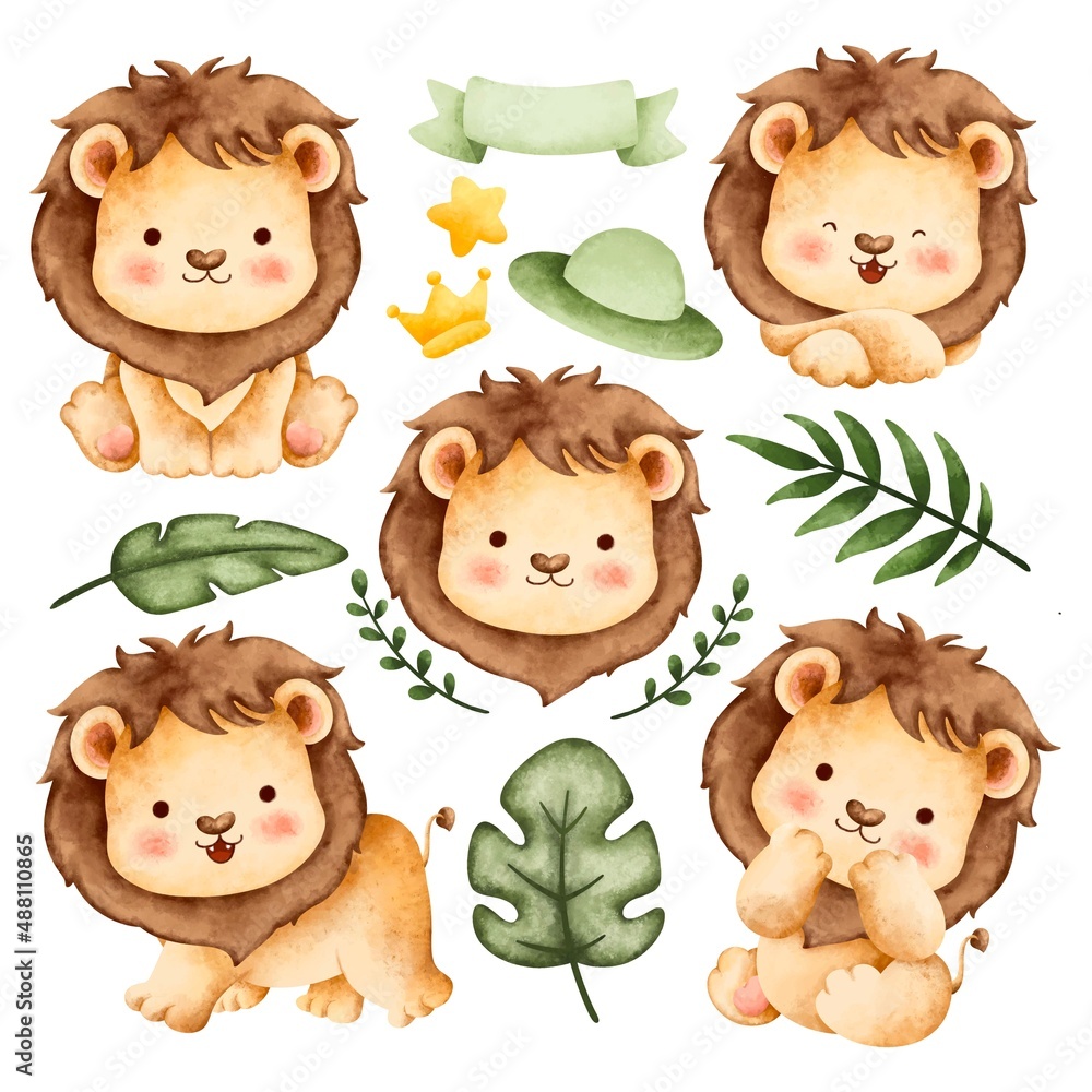 Watercolor set of cute safari lion and leaves  - obrazy, fototapety, plakaty 