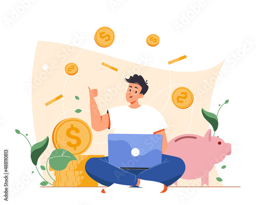 Earn money online. Man working online with a computer and coins vector illustration. Freelancer making money from home, earn in internet, success, remote work. Earning, spending and save money concept
