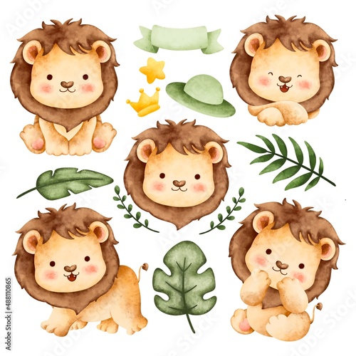 Watercolor set of cute safari lion and leaves 