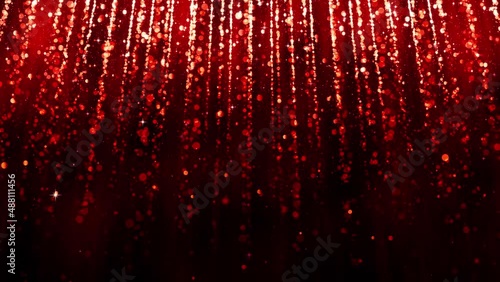 Background with falling particles of red gold glitter. Rain of red confetti, magic light, golden glitter, glamour. Beautiful animated christmas, valentines day background. Seamless loop