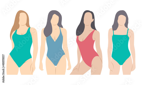 Woman in one piece bikini vector set. Female swim wear illustration. Slim woman posing in bodysuit underwear.