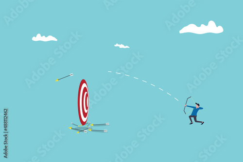 ailing to hit the target. Man desperately trying to shoot arrows with bow to hit the bullseye but failed miserably. Vector artwork depicts failure, inaccurate, missing, and lousy