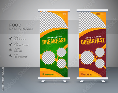 Latest Modern food rollup banner design for restaurant. Vertical, roll-up template, Cafe Business food roll up banner with two-color. Vertical, roll-up template, Editable template illustration