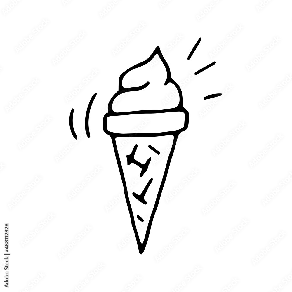 Ice cream in a waffle cone. Food. Cold dessert. Vector. Doodle. Hand-drawn illustration. Sketch. Silhouette. Black and white. Contour. Coloring. Ice cream in a waffle cone. Food. Cold dessert. Vector. Doodle. Hand-drawn illustration. Sketch. Silhouette. Black and white. Contour. Coloring.