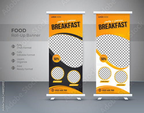 Creative food rollup template design with two-color, food roll-up banner design. Corporate roll-up design for Restaurant. Vertical, roll-up template, Editable template