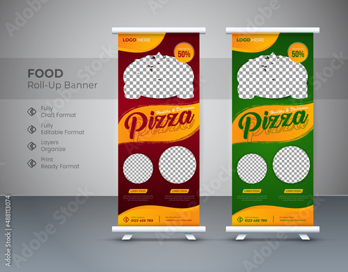 creative food Roll up banner design green, food roll-up banner template red, Corporate food roll-up banner for Restaurant. Editable template