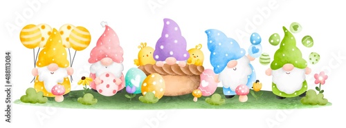 Watercolor Happy Easter gnome with Easter eggs in the garden banner