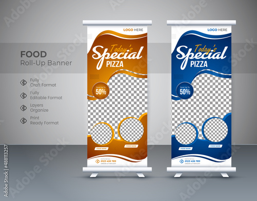 Modern food rollup banner design for restaurant. Vertical, roll-up template, Vertical, roll-up template, food roll-up banner template, food roll-up banner. Editable template illustration

