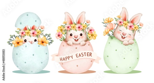 Watercolor set of Easter rabbit and Easter egg 