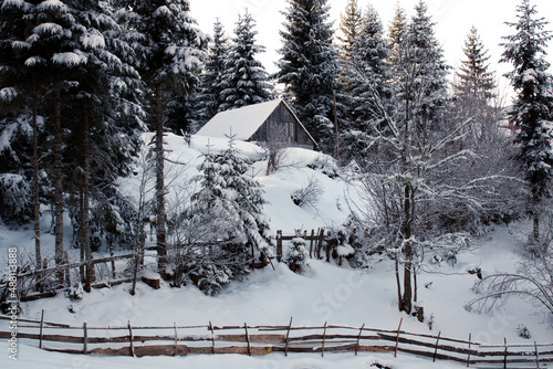 A rural house covered in snow on a winter day