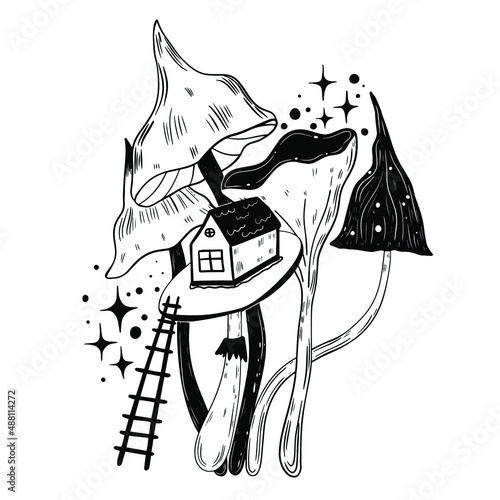 Fairy Mushroom House in the garden for coloring book. Abstract mystical image of wild poisonous witch mushrooms. cosmic moon phases and rituals.