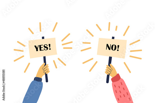 Cartoon vector illustration of Yes No banner in human hand on white background. Test question. Choice hesitate, dispute, opposition, choice, dilemma, opponent view.