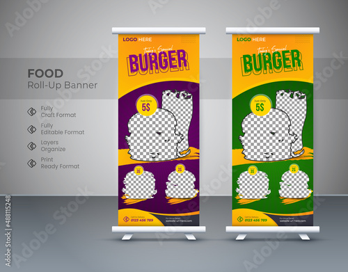 Corporate food rollup banner template design. food Roll up banner design green, food roll-up banner template red, food roll-up banner, food roll up banner for Restaurant. Editable template