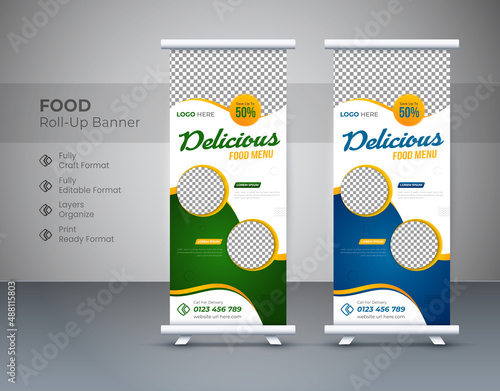 Creative food rollup banner design for restaurant. Vertical, roll-up template, food Roll up banner design, food roll-up banner template, food roll-up banner. Editable template illustration