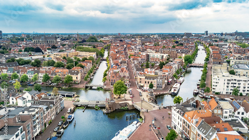 Aerial view of Leiden town from above, typical Dutch city skyline with canals and houses, Holland, Netherlands photo