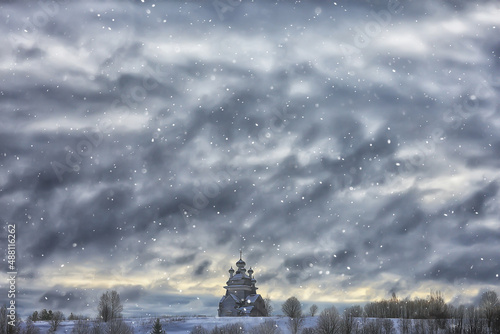 wooden church in the Russian north landscape in winter, architecture historical religion Christianity photo