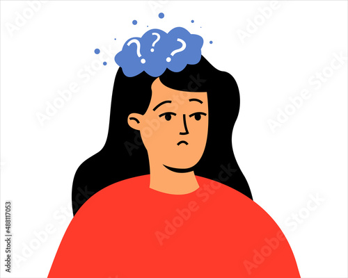 A woman's confused thoughts. Depressed woman, mental health problems. Vector illustration