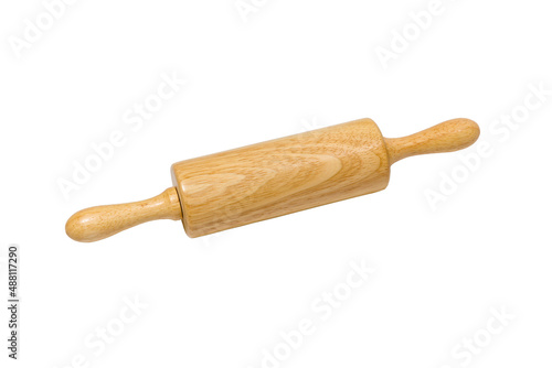 Wooden rolling pin isolated on white background. The dough rolling concept. Wooden kneading stick isolated on white background	