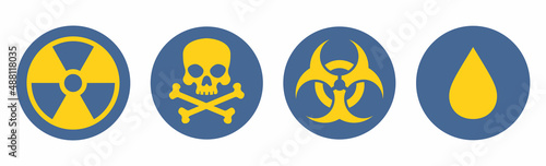 Danger sign, set of vector icons. Hazard and warning symbols: radiation ionization, biohazard caution, danger zone, poison. Vector illustration.