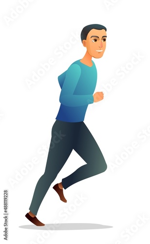 Boy running. Guy in sweater and pants. Cheerful person character. Cartoon funny style illustration. Male figure. In men clothing. Isolated on white background. Vector