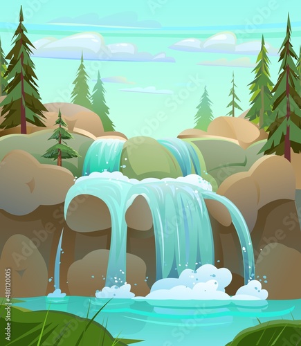Landscape with waterfall rounded rocks among rocks. Cascade shimmers downward. In taiga or coniferous forest. Water flowing. Nice cartoon style. Flat design. Vector