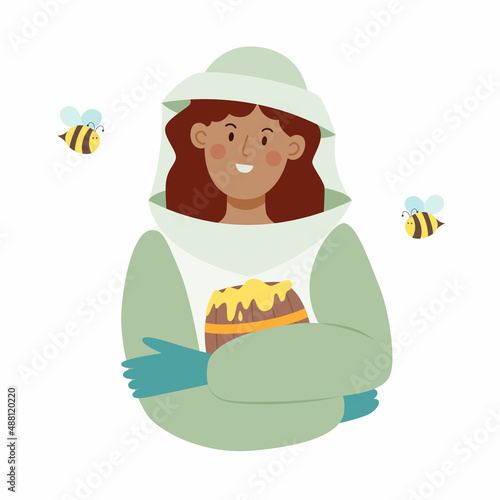 Beekeeper female character in a bee protection suit with a barrel of honey. Flat vector illustration isolated.