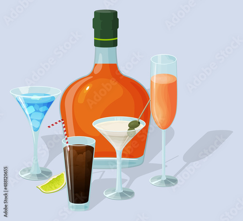 A bottle of alcohol and various cocktails on a light blue background.Alcoholic beverages in glasses and glasses.Daiquiri, martini, margarita, cosmopolitan, Long Island, blue lagoon and Pina colada.Vec photo