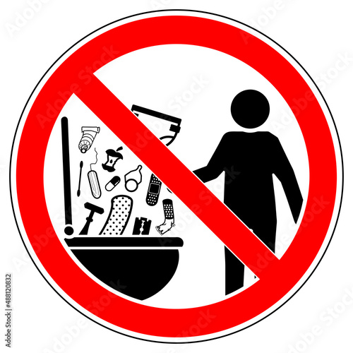 vsrr136 VectorSignRoundRed vsrr - Gegenstände in die Toilette werfen verboten . english: prohibition sign . throwing objects into the toilet . vector sign . transparent . AI 10 / EPS 10 . g11213