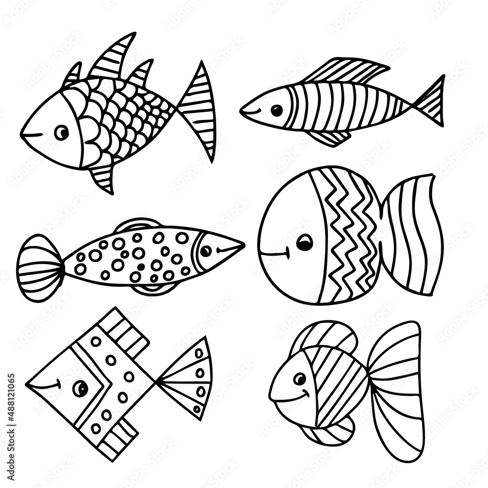 Set of beautiful patterned fish. In cartoon style. Funny fish in the underwater world. Antistress coloring book sketch for adults or kids, line drawing, doodle logo for tattoo Set of beautiful patterned fish. In cartoon style. Funny fish in the underwater world. Antistress coloring book sketch for adults or kids, line drawing, doodle logo for tattoo