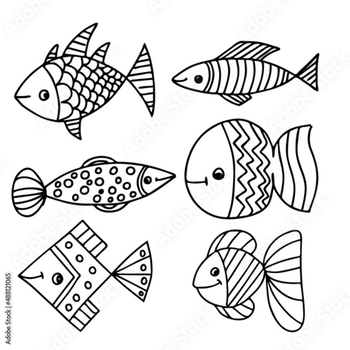 Set of beautiful patterned fish. In cartoon style. Funny fish in the underwater world. Antistress coloring book sketch for adults or kids, line drawing, doodle logo for tattoo