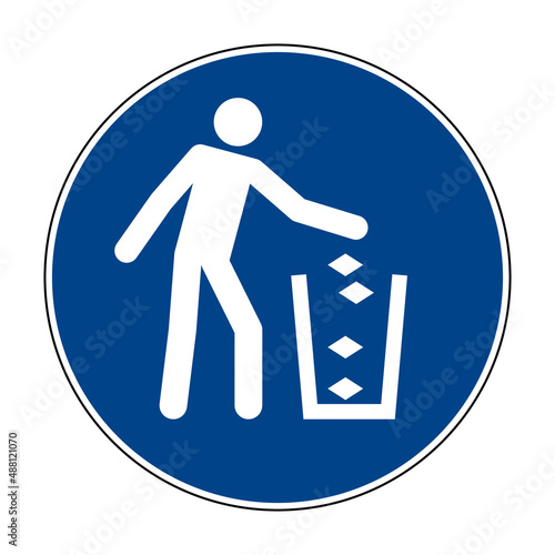 Use litter bin sign. Vector illustration of circular blue mandatory sign with man throwing rubbish in bin. Throwing trash symbol. Keep clean in public place concept. Trash can garbage. Recycling icon.