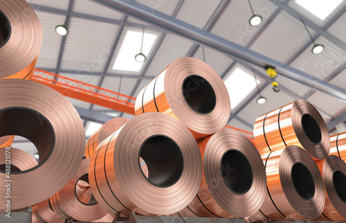 Fotografiet roll of copper sheets or heap of copper tapes