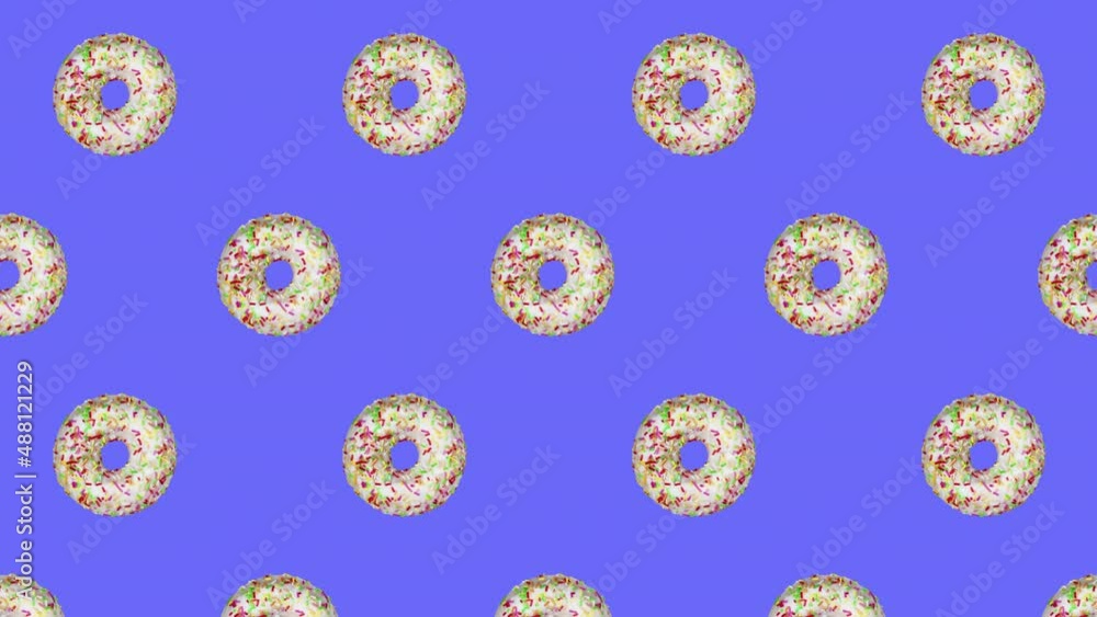Tasty donuts moving at violet background. Abstract colorful animation. Donuts rotating and falling down - Seamless loopable background. Tasty donuts moving at violet background. Abstract colorful animation. Donuts rotating and falling down - Seamless loopable background.