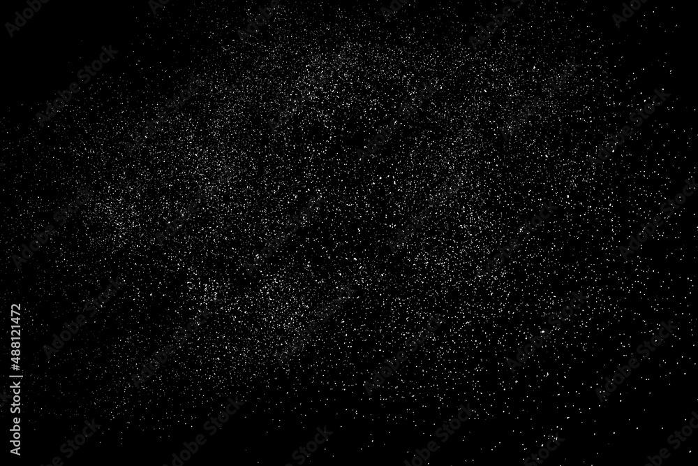 Distressed white grainy texture. Dust overlay textured. Grain noise particles. Snow effects pack. Rusted black background. Vector illustration, EPS 10.  