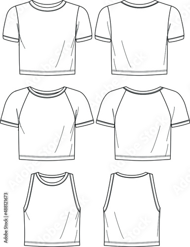 Vector short sleeved T-Shirt fashion CAD, woman round neck sleeveless top technical drawing, template, flat, sketch. Jersey or woven fabric 3 pieces set t-shirt  with front, back view, white color