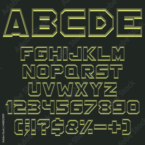 Khaki, military green alphabet, numbers and signs with shadow. Isolated vector objects on black background.